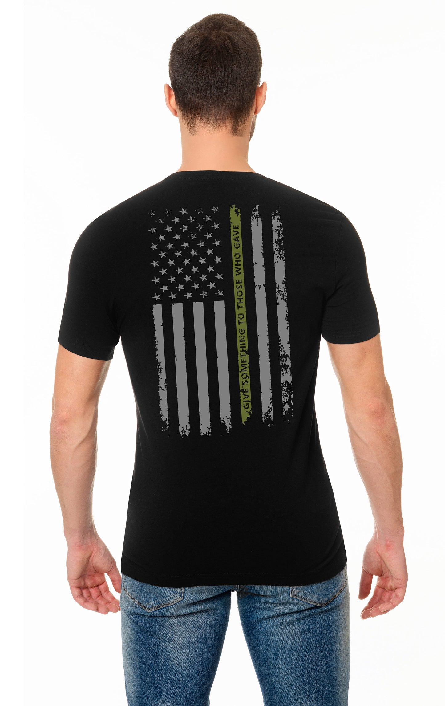 Vet Tix Black Short Sleeve MILITARY GREEN Line Shirt with FLAG on Back