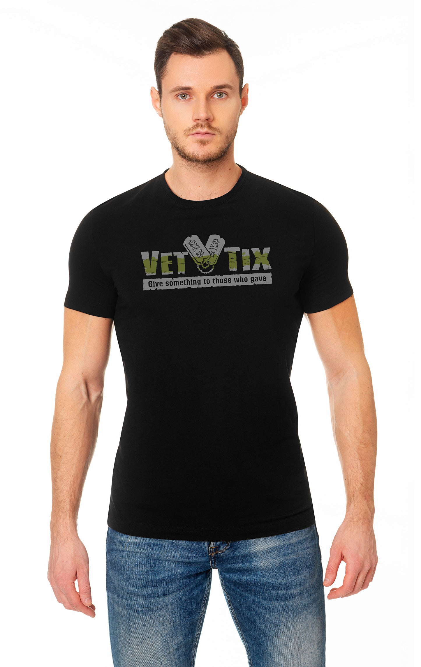Vet Tix Black Short Sleeve MILITARY GREEN Line Shirt with FLAG on Back