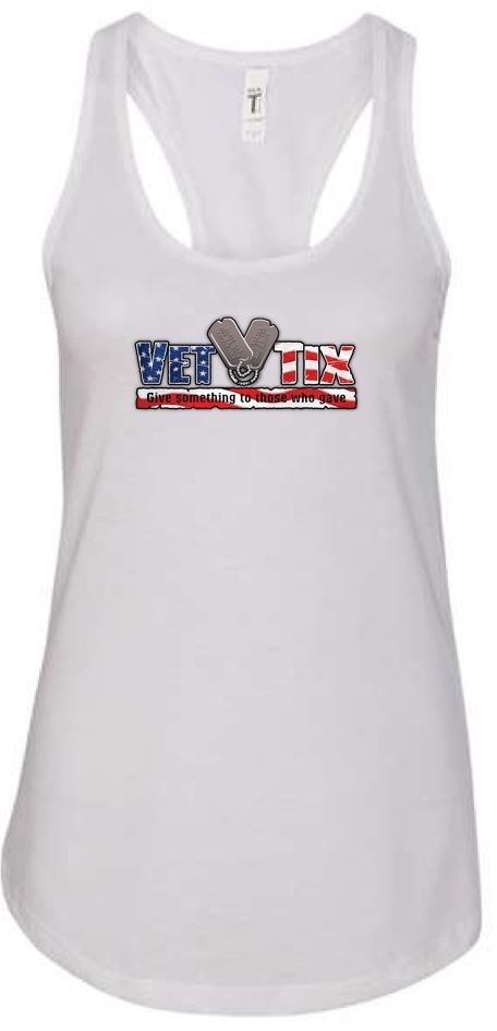 Women's WHITE Racerback Tank - Vet Tix FLAG Logo