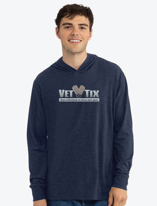 Vet Tix - Heathered Navy Blue - Long Sleeve Hooded T-shirt - No Branch